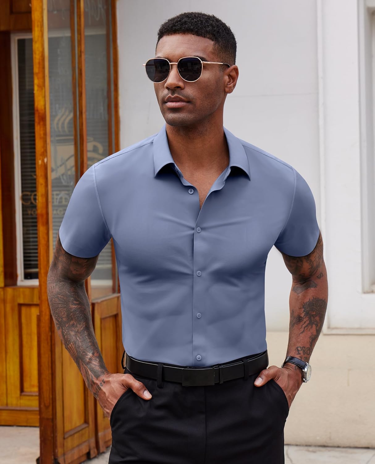 Stretch Dress Shirts for Men Short Sleeve Slim Fit Casual Button Down Shirts Muscle Fit Men's Dress Shirts