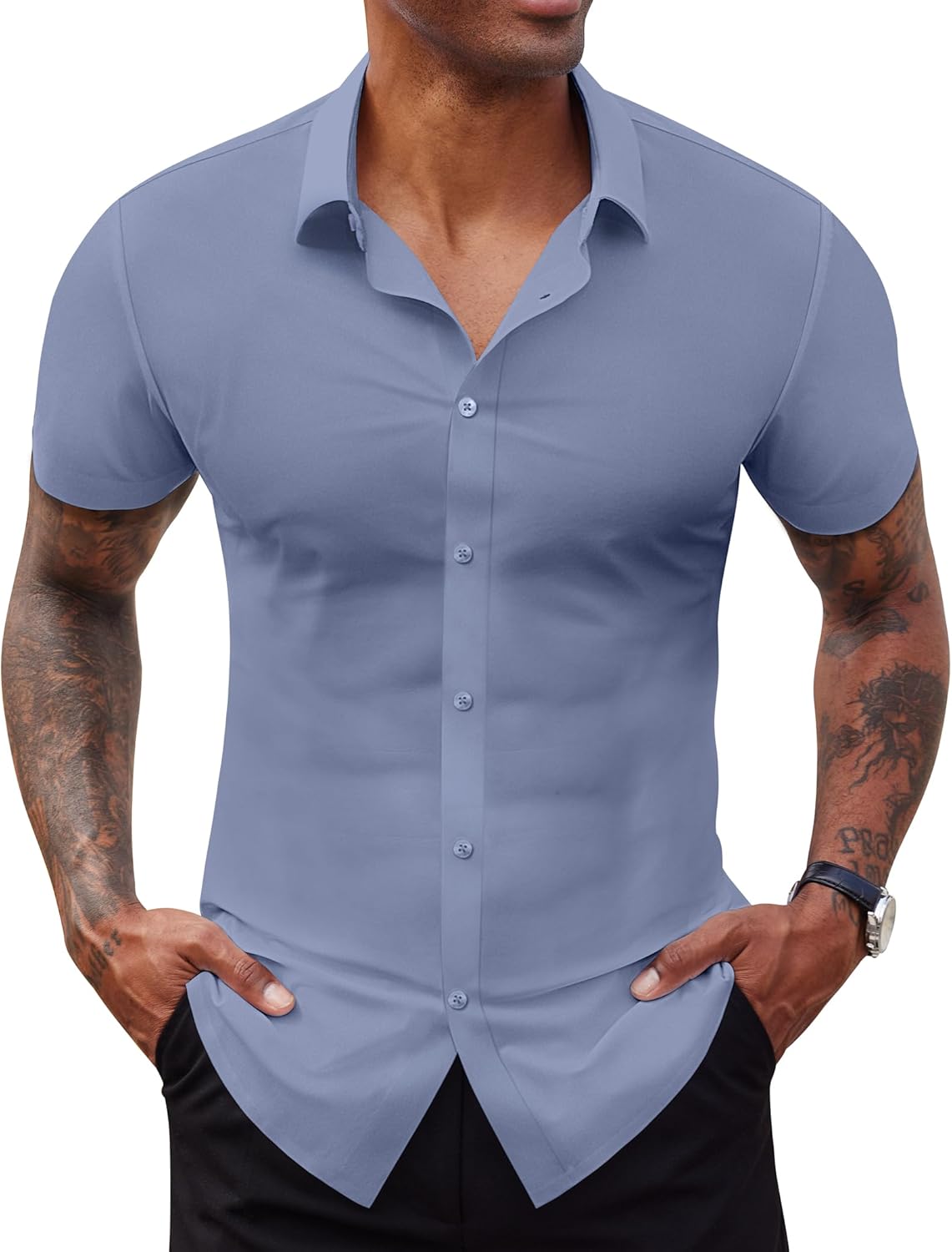 Stretch Dress Shirts for Men Short Sleeve Slim Fit Casual Button Down Shirts Muscle Fit Men's Dress Shirts